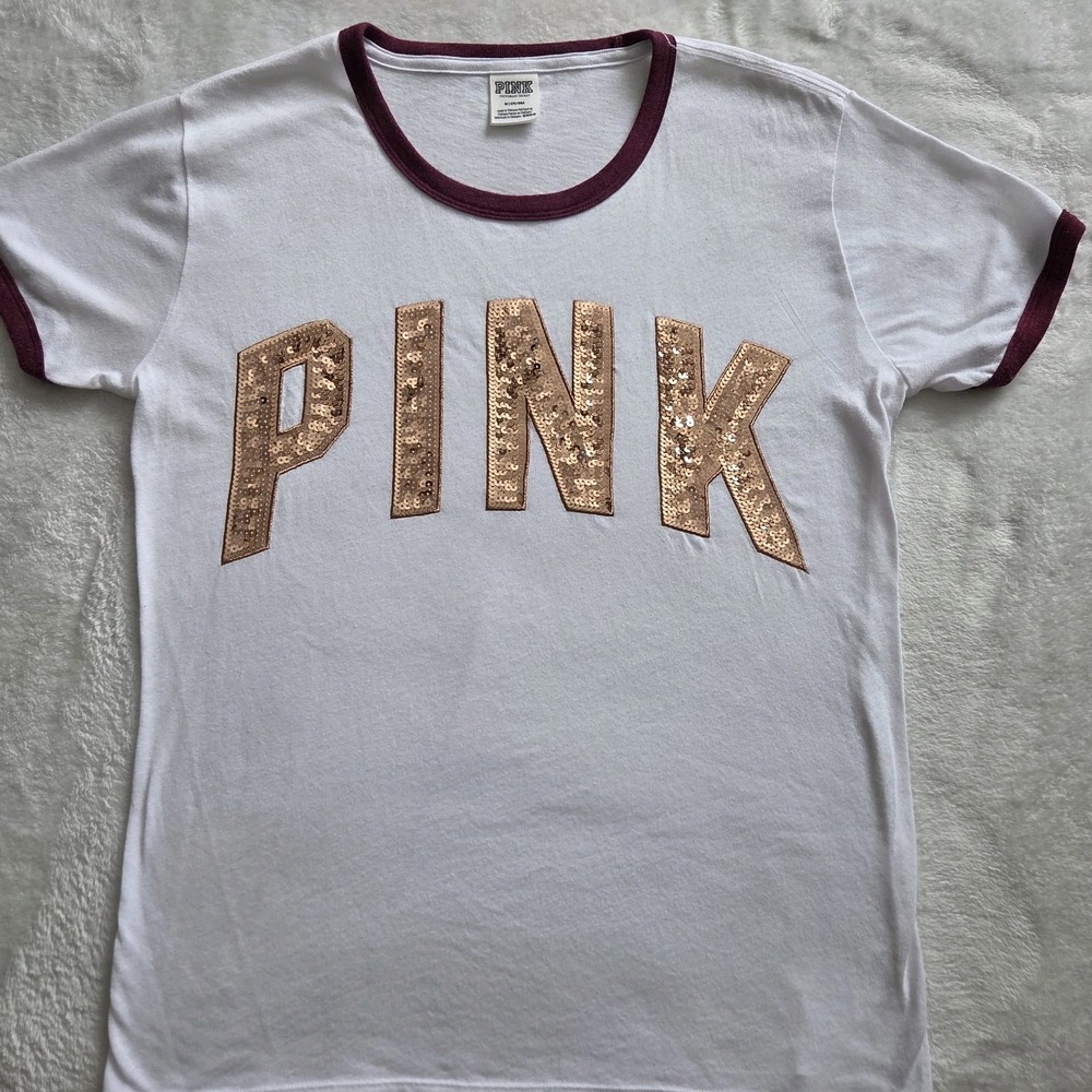 Victoria's Secret‎ Pink Tee Sequin Rose Gold Spell Out Sz  Med 2017
